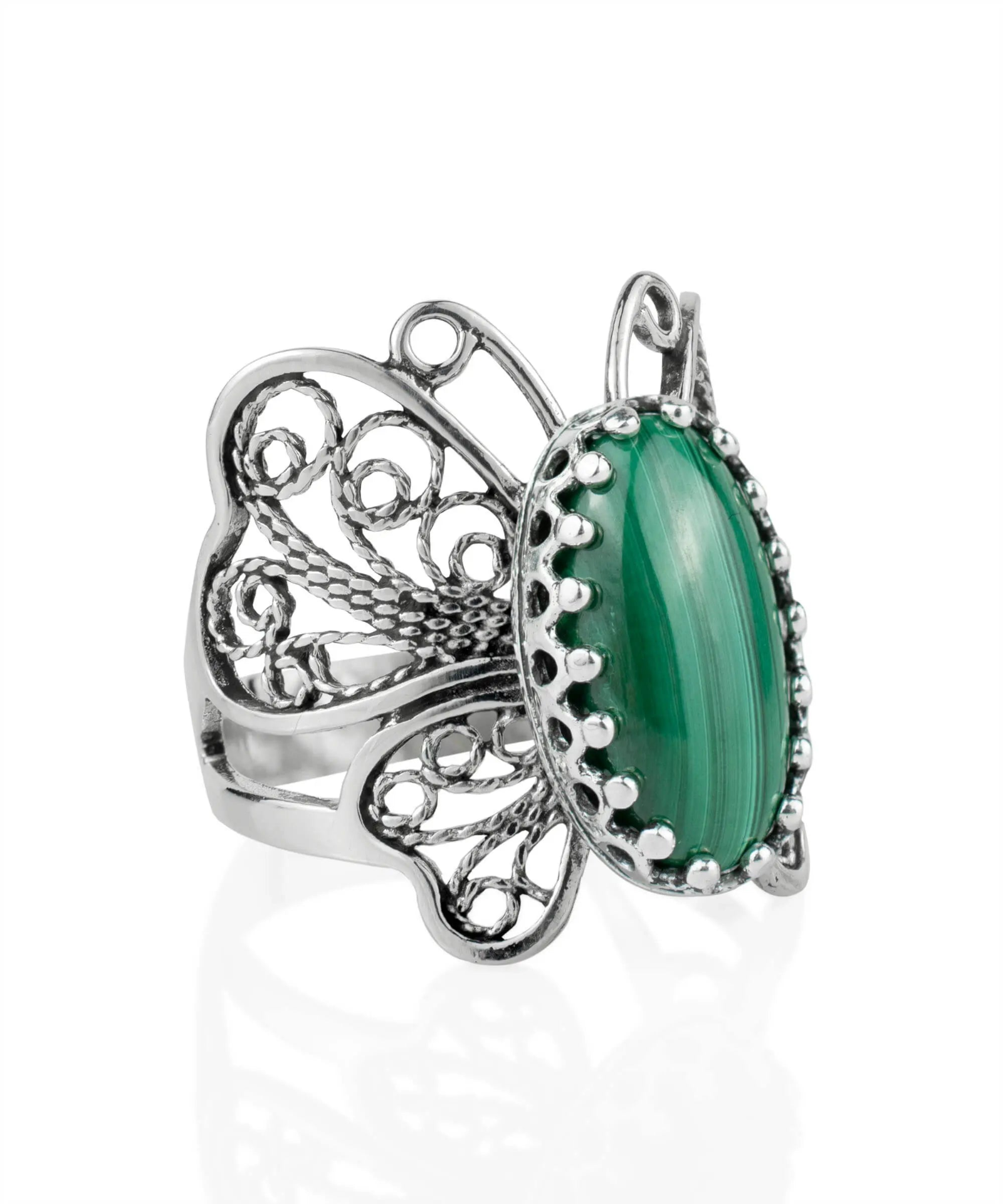 Filigree Art Malachite Gemstone Butterfly Design Women Silver Cocktail Ring