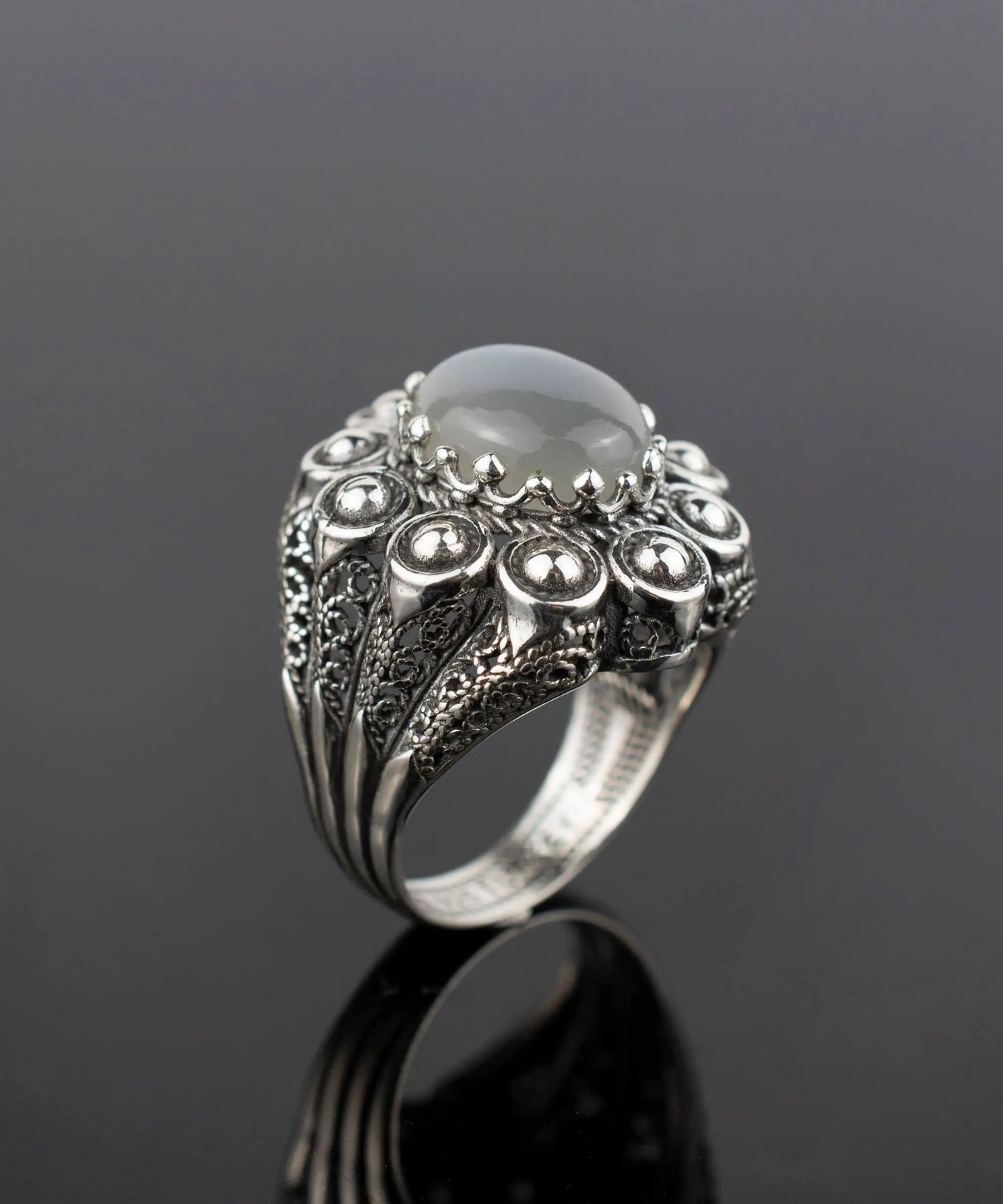 Filigree Art Gray Moonstone Gemstone Women Statement Dome Ring