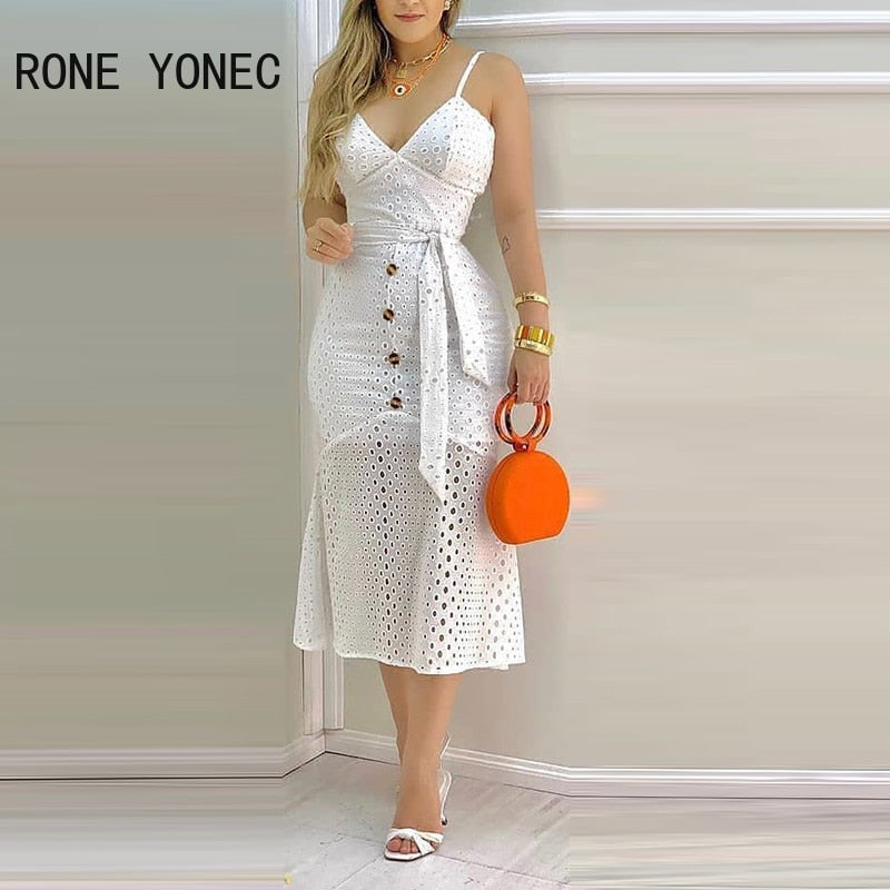 Hnewly Women Hollow-out Button Design Spaghetti Strap Lace Dress With Belt & Lining Casual Maxi Dress Vacation Dress
