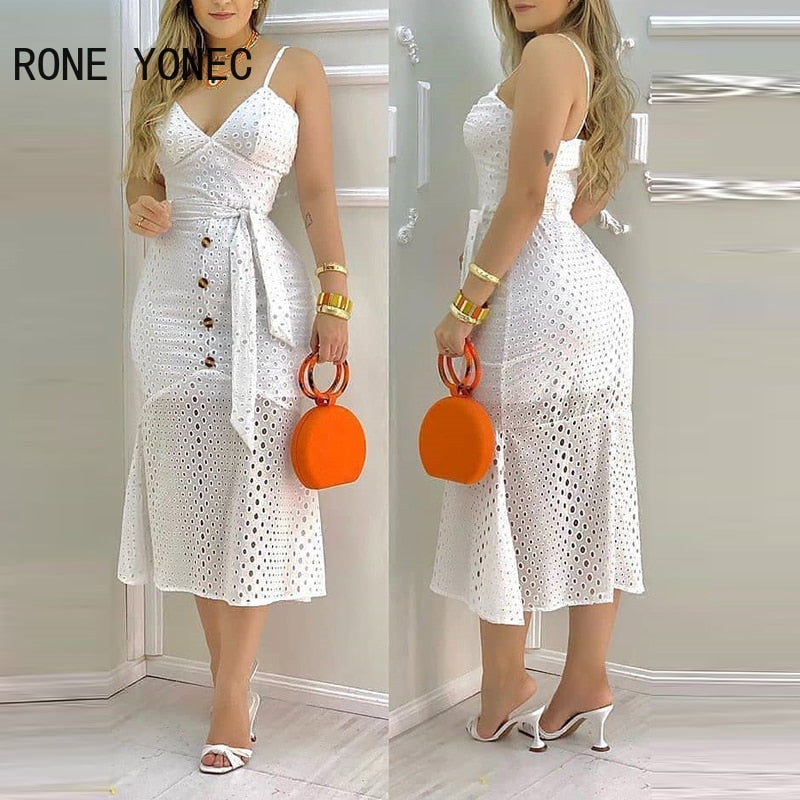 Hnewly Women Hollow-out Button Design Spaghetti Strap Lace Dress With Belt & Lining Casual Maxi Dress Vacation Dress