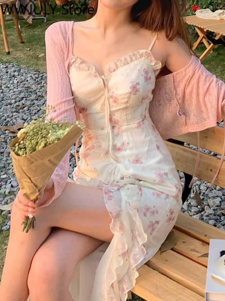 Floral Pink Ruffle Lace Midi Dress