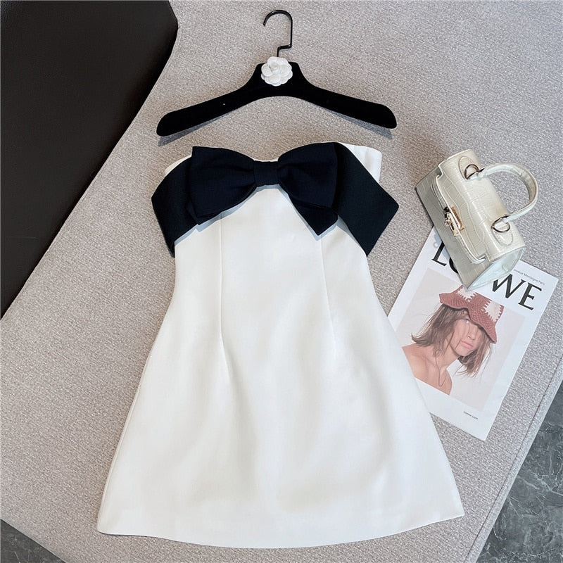 Elegant Black and White Bow Mini Dress