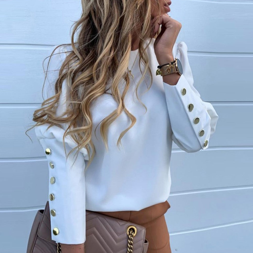 Fashion Women Metal Button Long Sleeve Shirts Ladies Casual O-Neck Solid Print Blouses Fall European Clothes