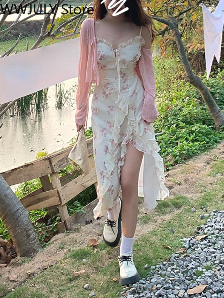 Floral Pink Ruffle Lace Midi Dress