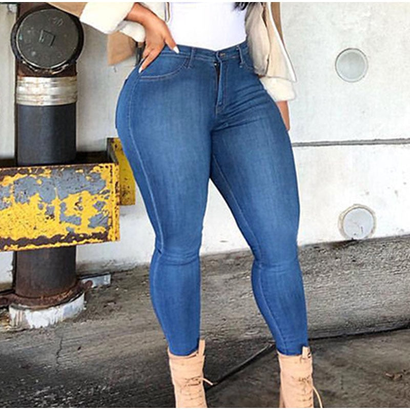 Plus Size High Waist Stretchy Skinny White Basic Casual Jeans Distressed Bodycon Pencil Denim Pants Lady Indie Trousers Jean