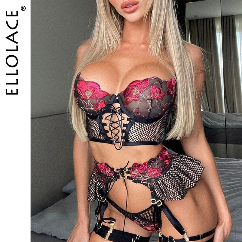 Ellolace Erotic Lingerie Sexy Bandage Transparent Bra Underwear Ruffled Garters Thongs