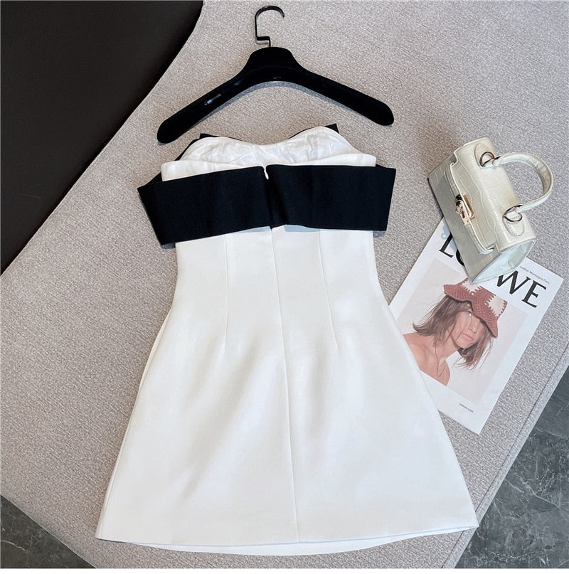 Elegant Black and White Bow Mini Dress