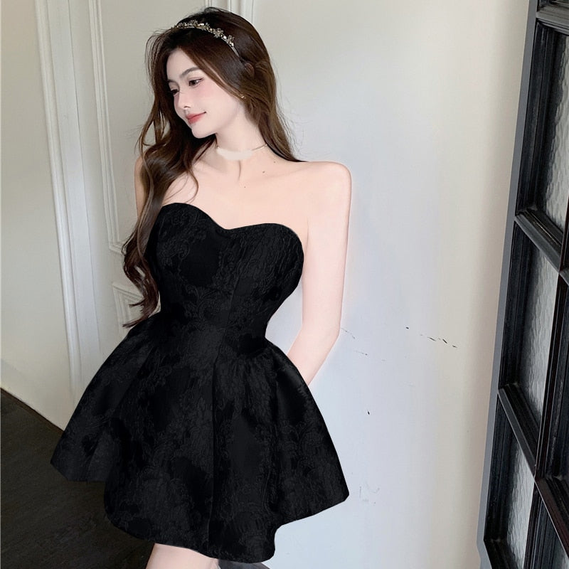 Black Floral Vintage Strapless Mini Dress