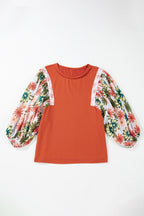Desert Gold Floral Puff Sleeve Patchwork Round Neck Blouse