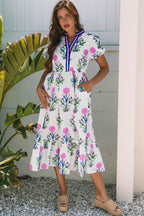 White Floral Puff Short Sleeve V Neck High Waist Maxi Dress