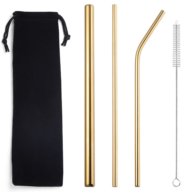 Color: GoldCloth bag5 pcs - 304 stainless steel straw