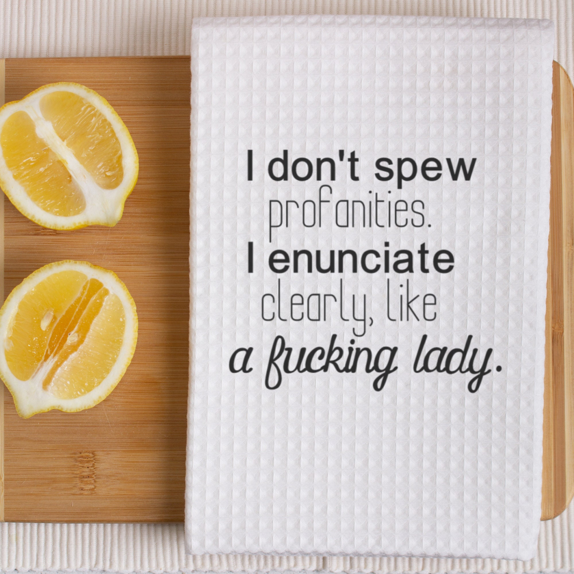 Don't Spew Profanities Funny Kitchen Towel Sayings | Funny Sarcastic Dish Towel with Quote | Housewarming Gift for Cook
