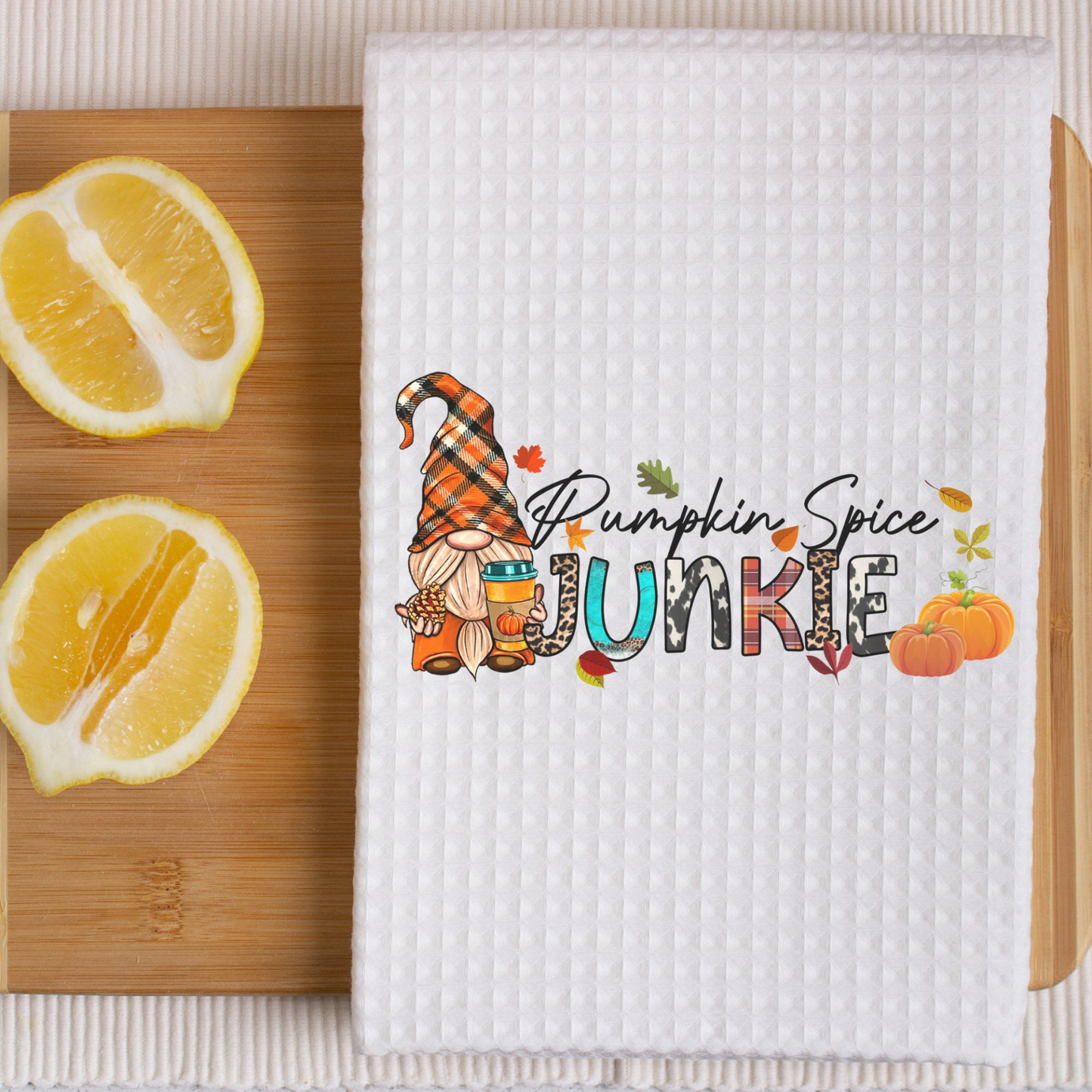 Pumpkin Spice Junky Fall Dish Towel | Funny Kitchen Towel with Sarcastic Quote | Decorative Hand Towel for Fall Hostess Gift | Gnome Coffee