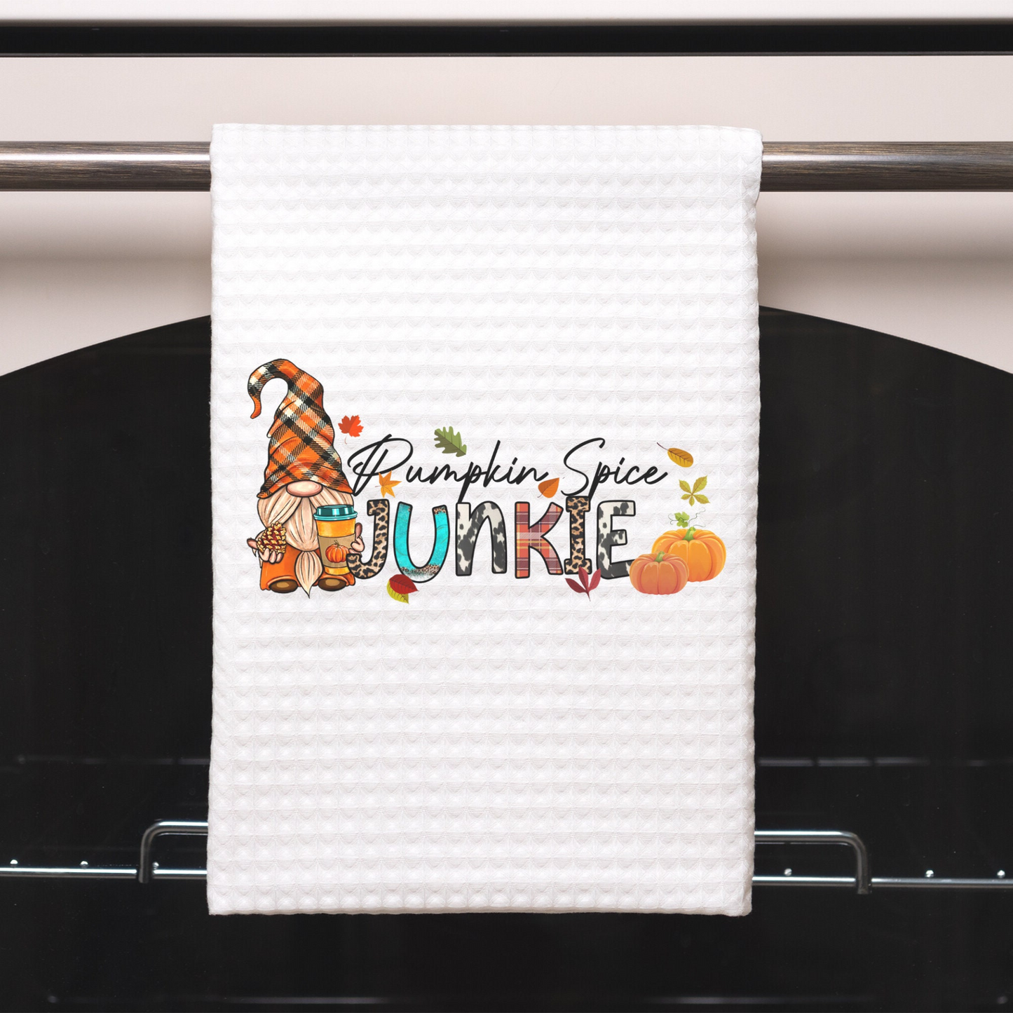 Pumpkin Spice Junky Fall Dish Towel | Funny Kitchen Towel with Sarcastic Quote | Decorative Hand Towel for Fall Hostess Gift | Gnome Coffee