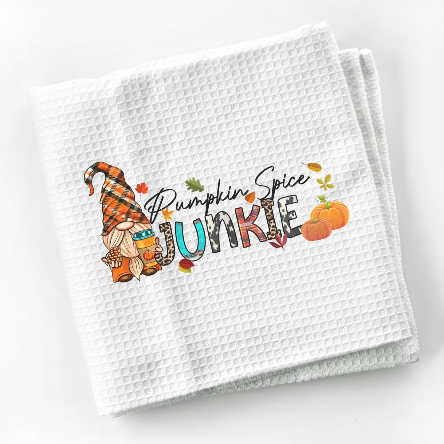 Pumpkin Spice Junky Fall Dish Towel | Funny Kitchen Towel with Sarcastic Quote | Decorative Hand Towel for Fall Hostess Gift | Gnome Coffee