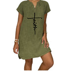 Summer Loose Print Short-sleeved V-neck Cotton And Linen Dress Women's Clothing