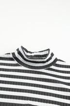 Black Striped Print Textured Knit Long Sleeve Tee