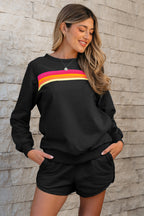 Black Striped Accent Pullover and Shorts Two Piece Casual Set