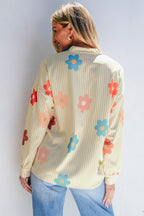 Apricot Stripe Flower Print Collared Button-up Loose Fit Shirt