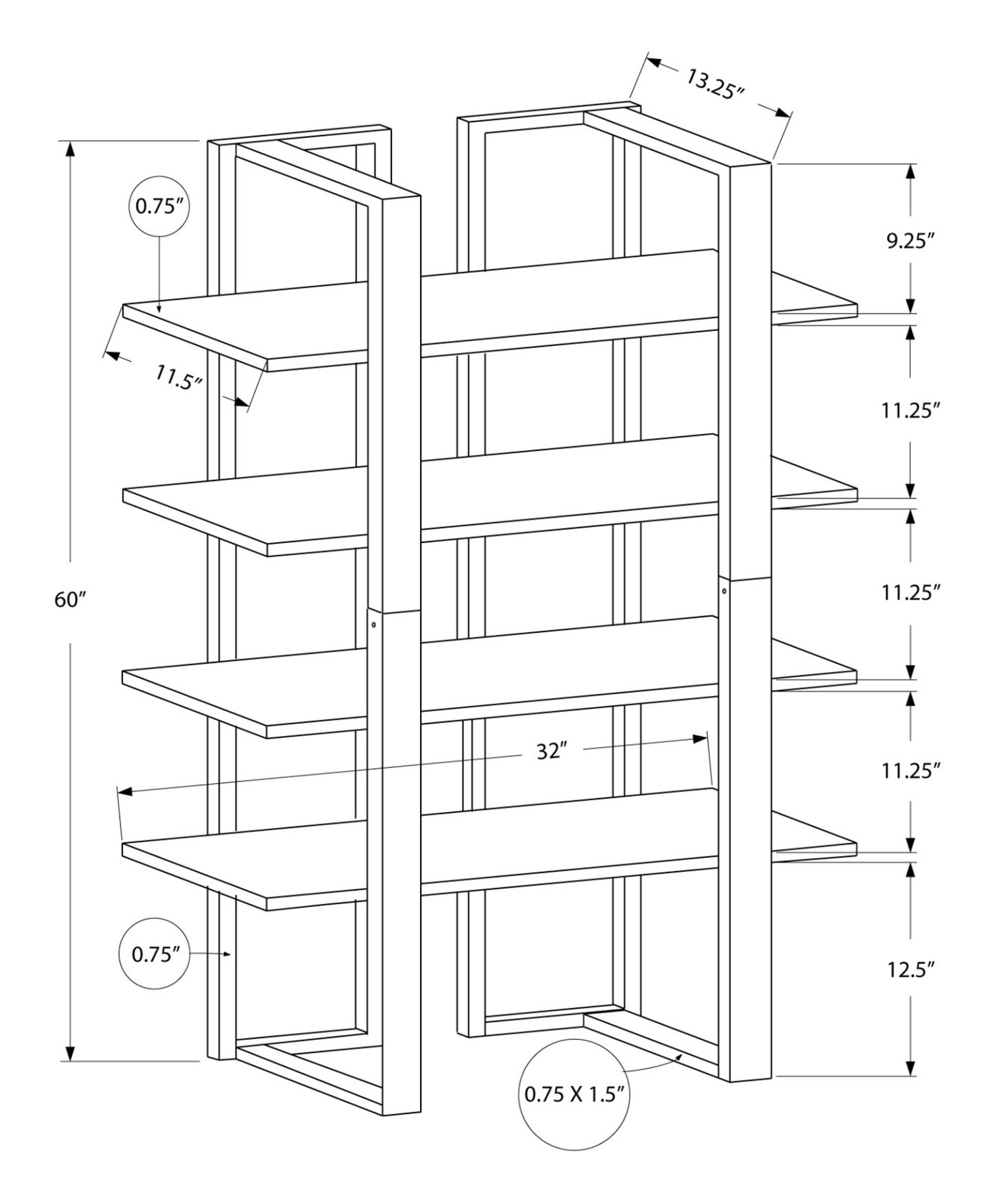 13.25" X 32" X 60" Cappuccino Silver Mdf Metal  Bookshelf