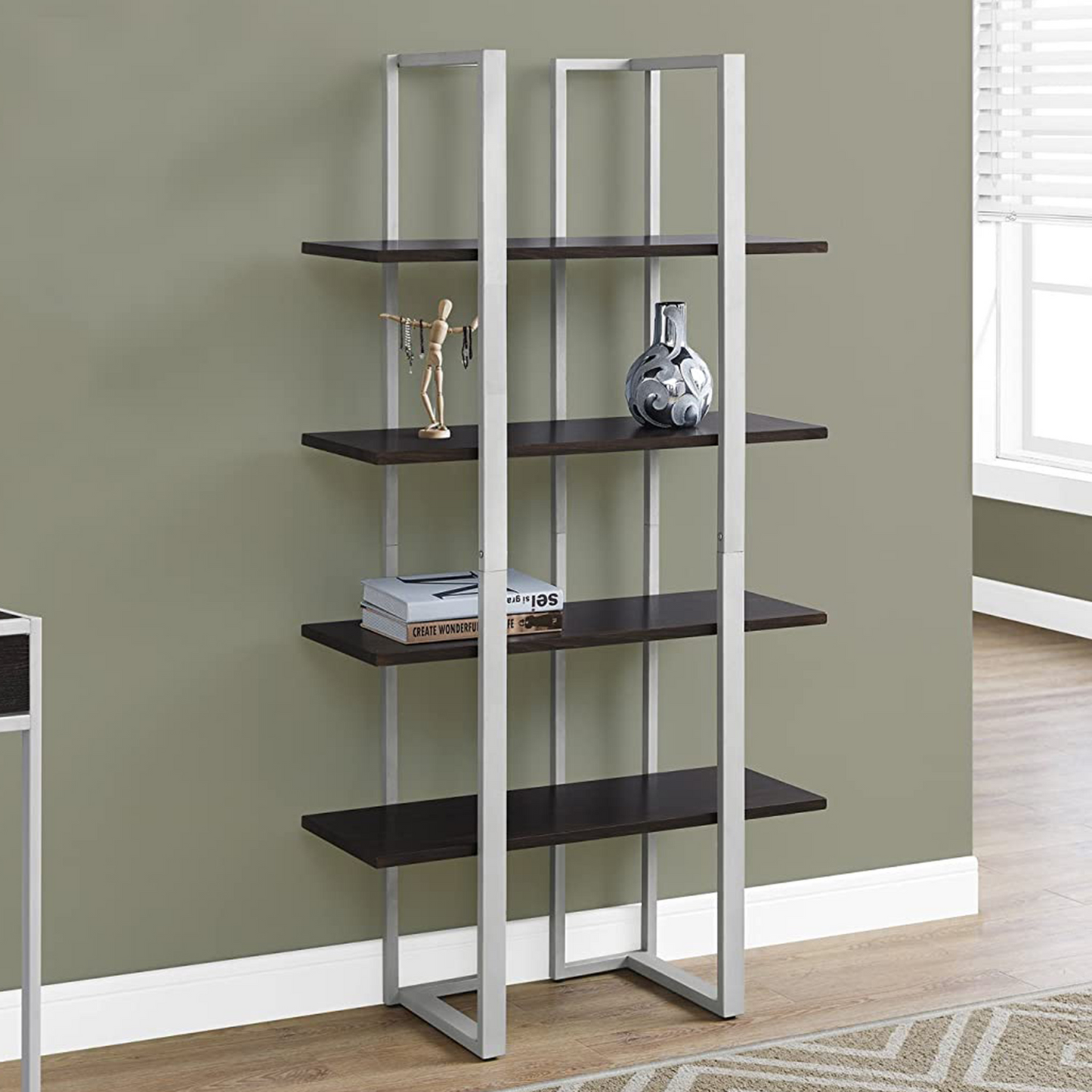 13.25" X 32" X 60" Cappuccino Silver Mdf Metal  Bookshelf