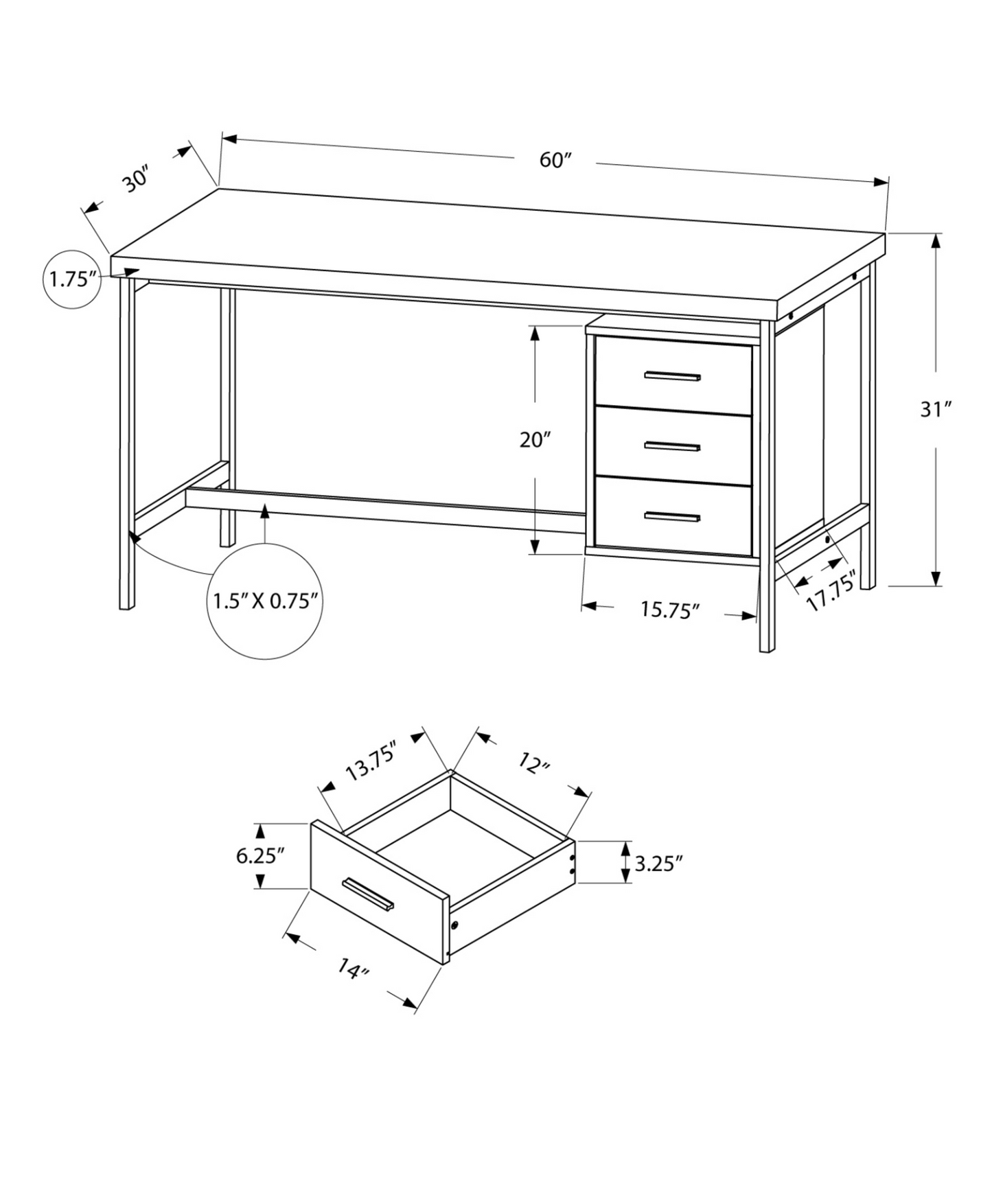 30" Light Brown Rectangular Computer Desk With Three Drawers