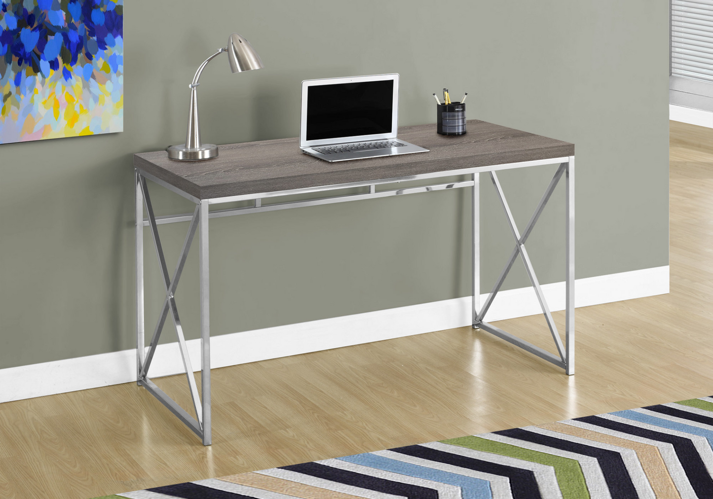 29.75" Dark Taupe Particle Board And Chrome Metal Computer Desk