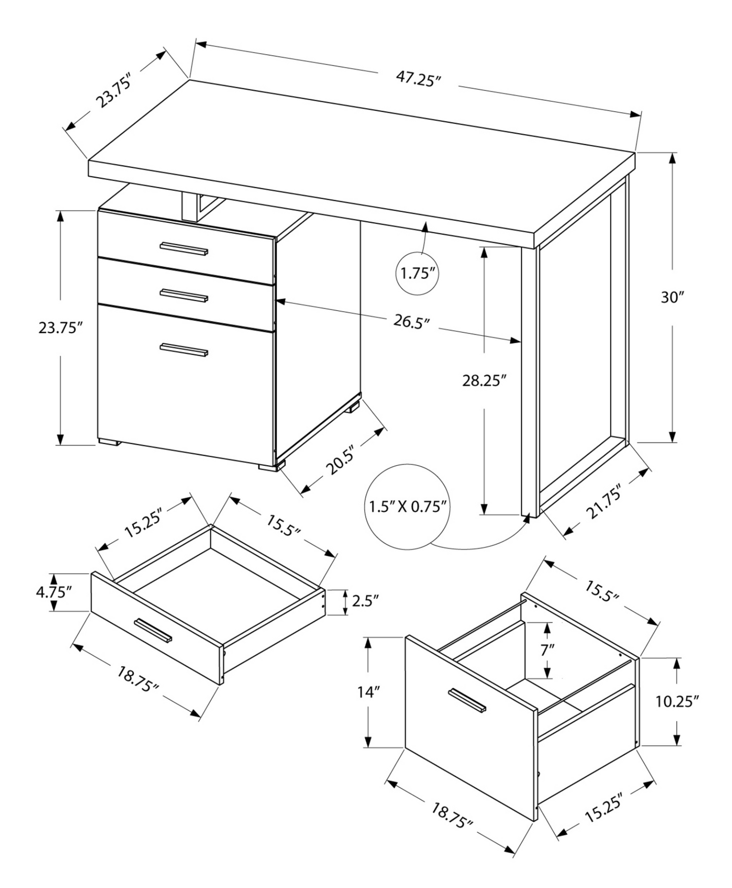 24" Taupe Rectangular Computer Desk With Three Drawers