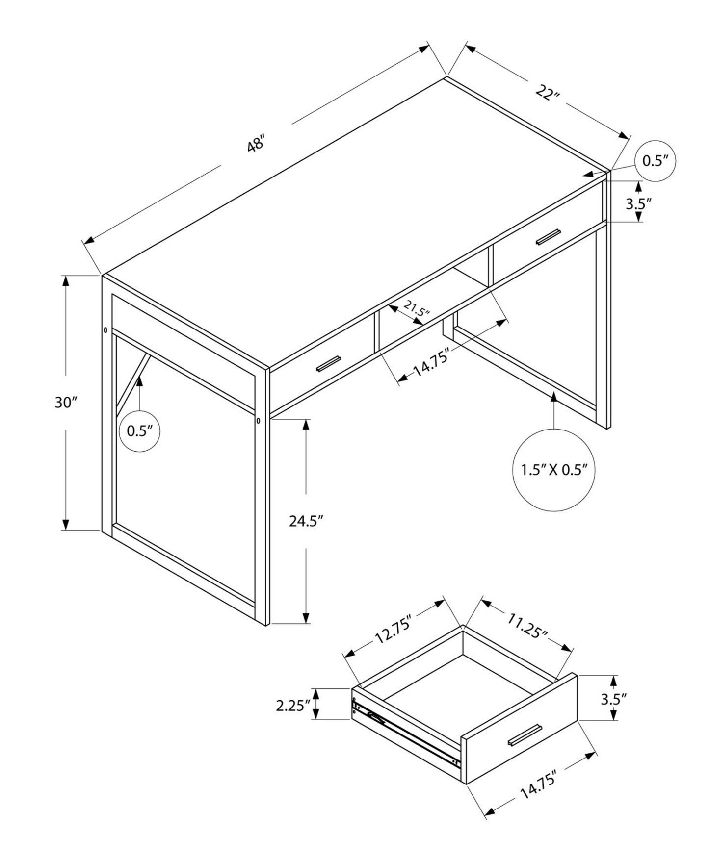 22" White Rectangular Computer Desk With Two Drawers