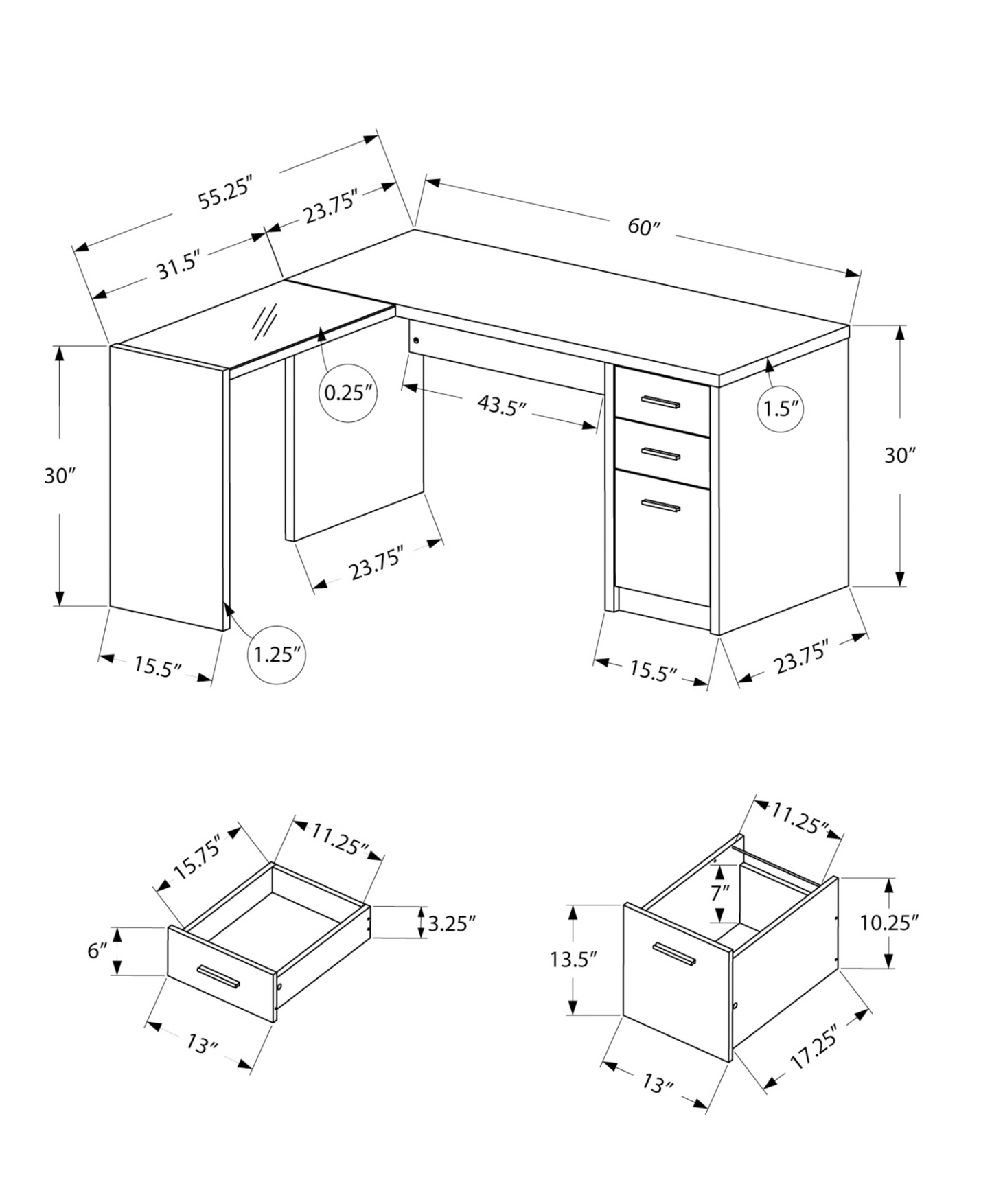 55" Grey L-Shape Computer Desk With Three Drawers