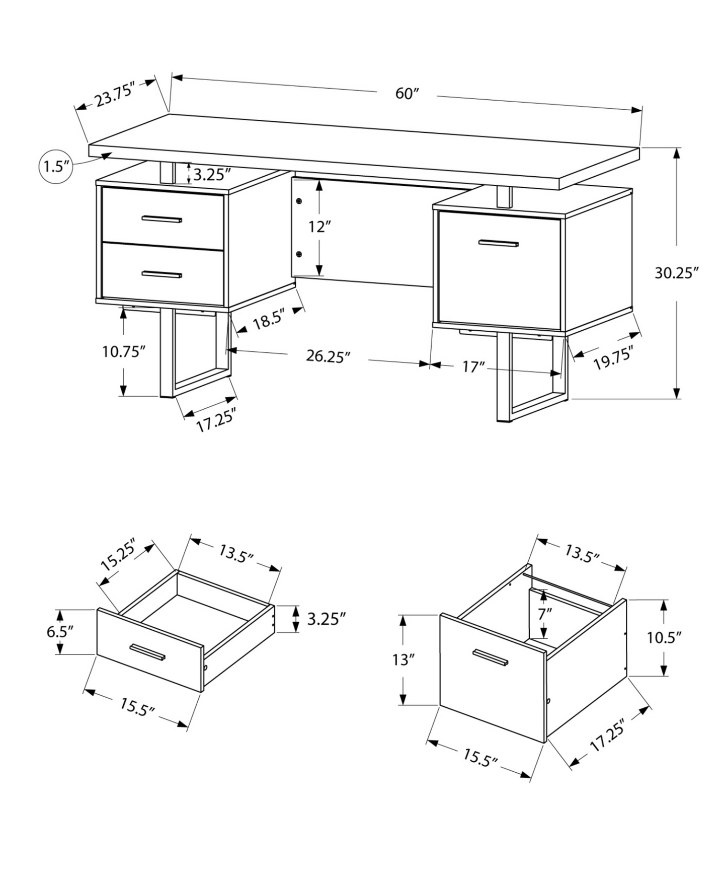 24" Grey Rectangular Computer Desk With Three Drawers