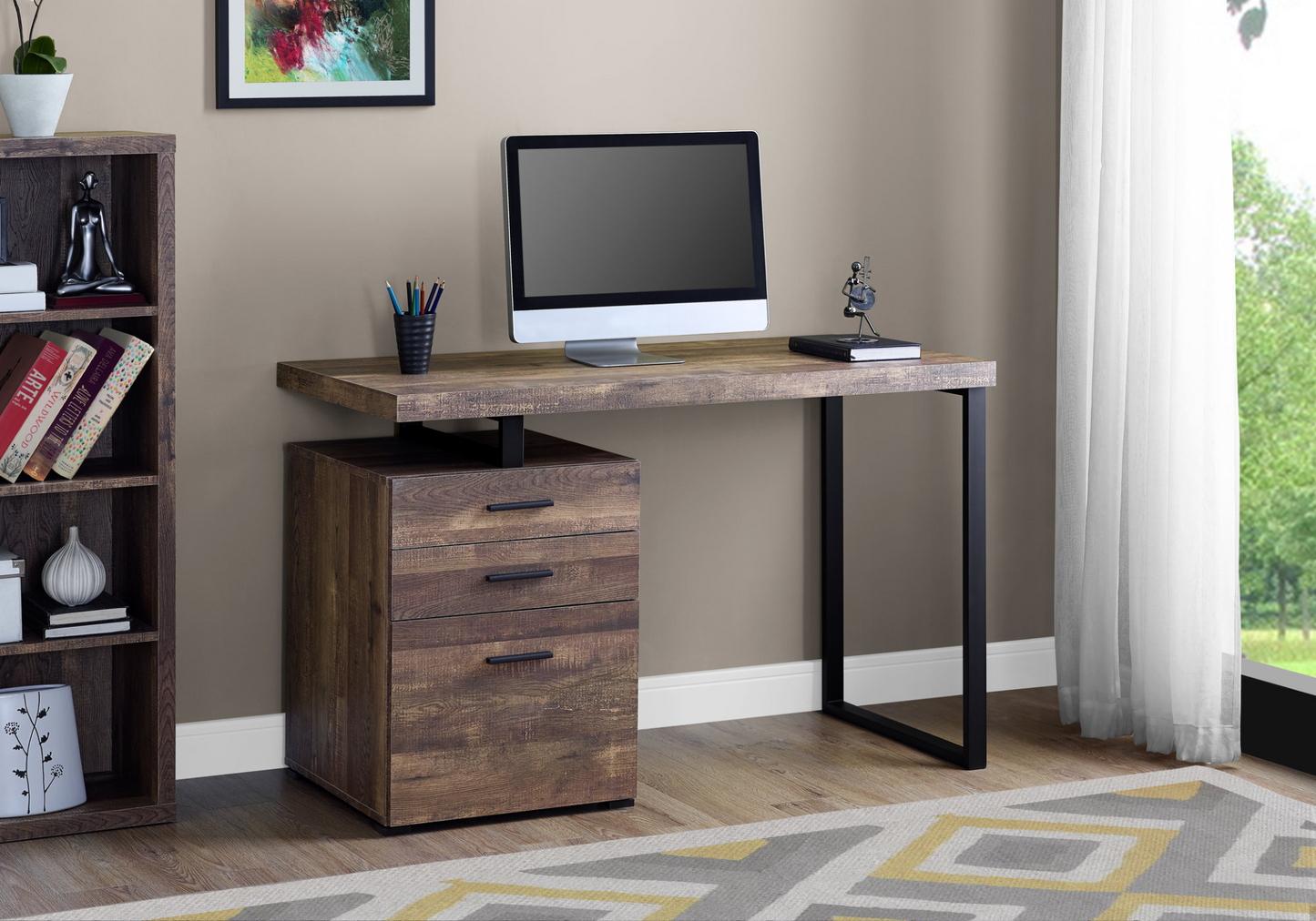 24" Brown Rectangular Computer Desk With Three Drawers