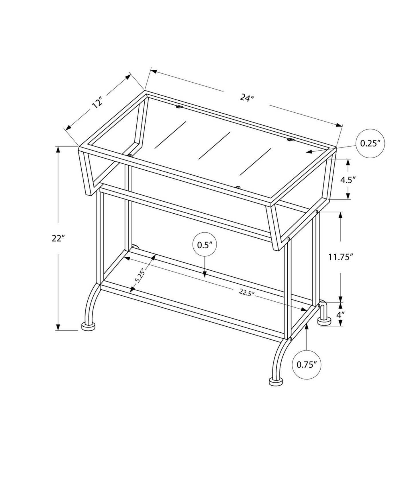 12" X 24" X 22" White Accent Table In Silver Metal With Clear Tempered Glass