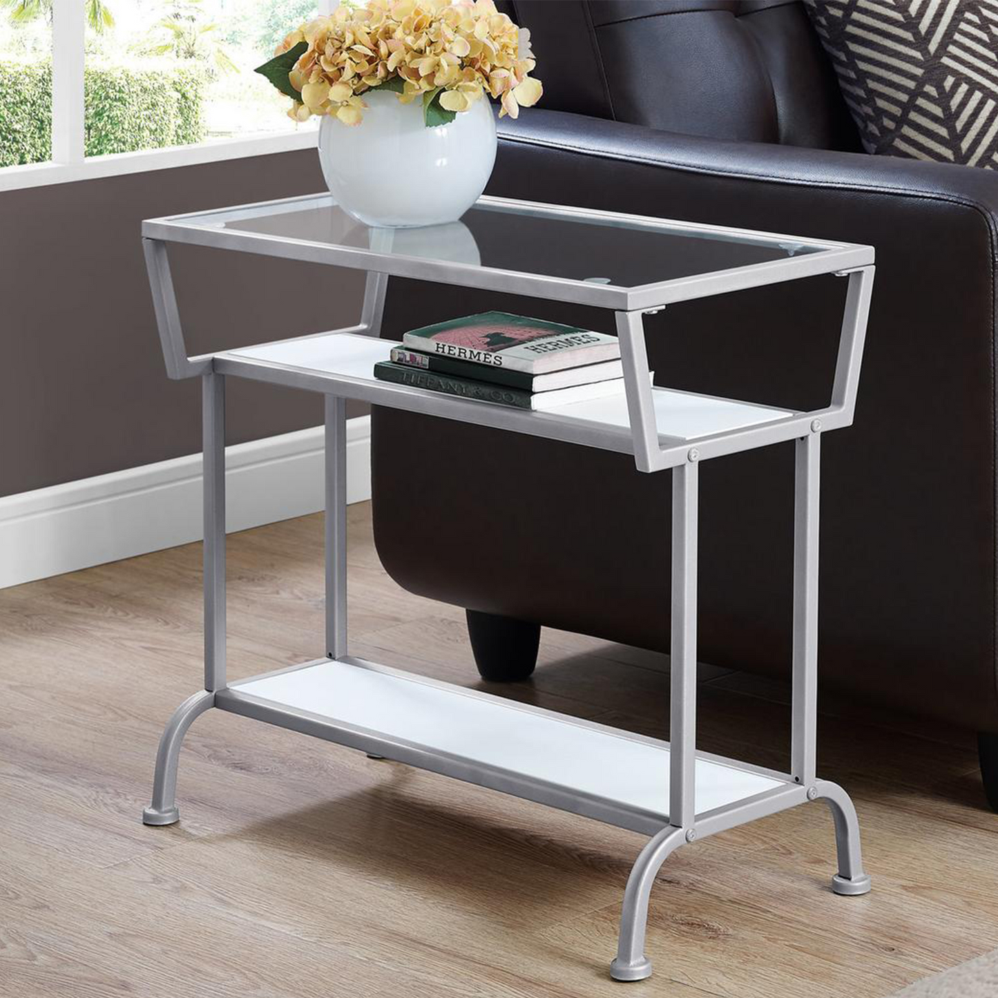 12" X 24" X 22" White Accent Table In Silver Metal With Clear Tempered Glass