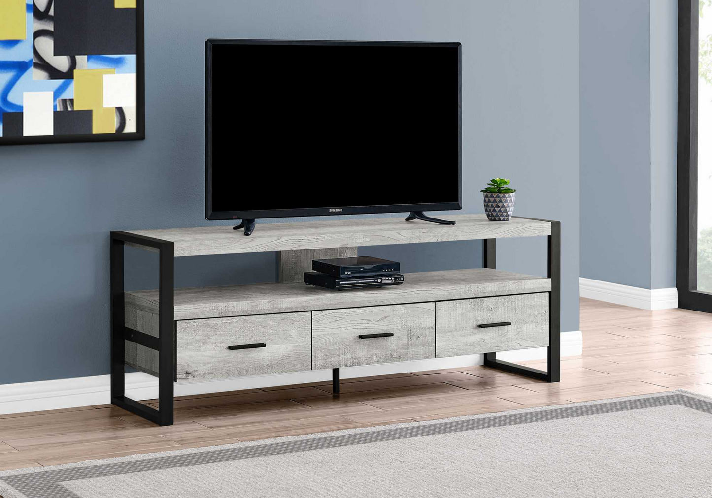 21.75" Grey Particle Board Hollow Core & Black Metal Tv Stand With 3 Drawers