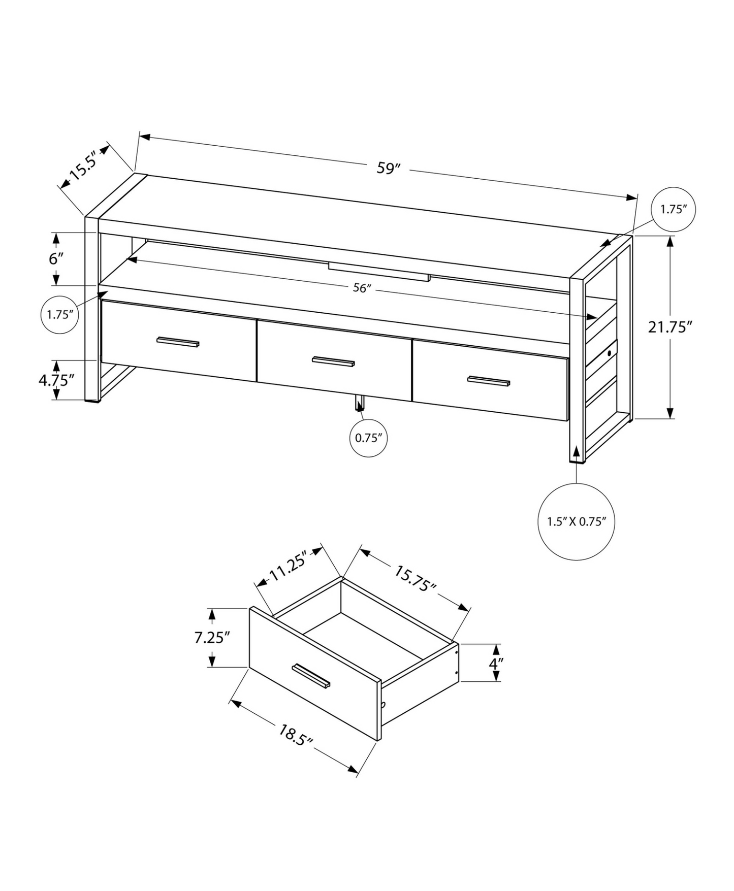 21.75" Grey Particle Board Hollow Core & Black Metal Tv Stand With 3 Drawers