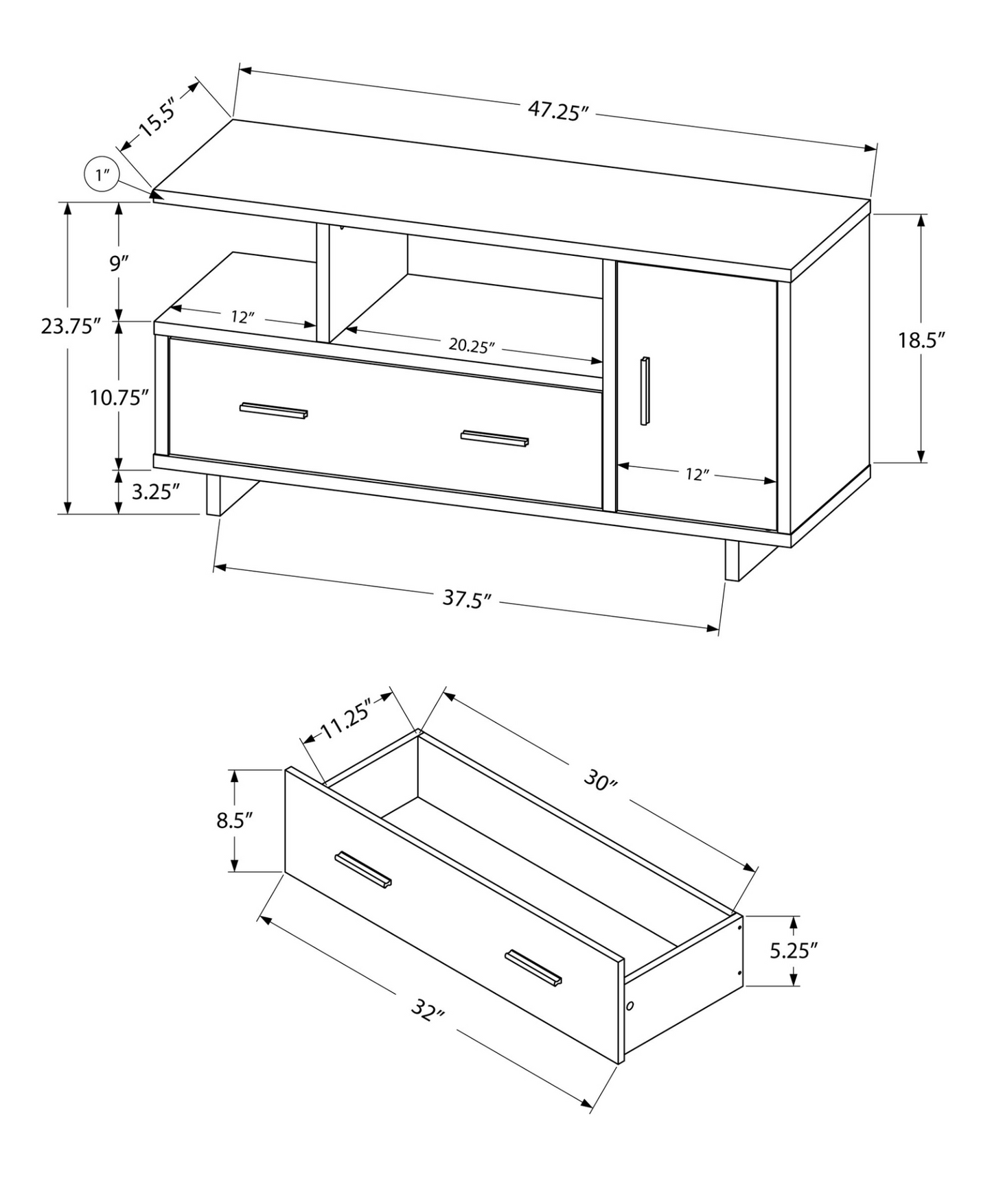 23.75" Particle Board Laminate And Mdf Tv Stand With Storage