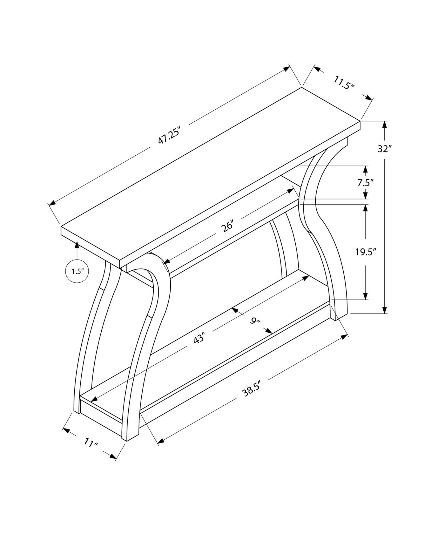 11.5" X 47.25" X 32" Cappuccino Hollow Core Particle Board  Accent Table Hall Console