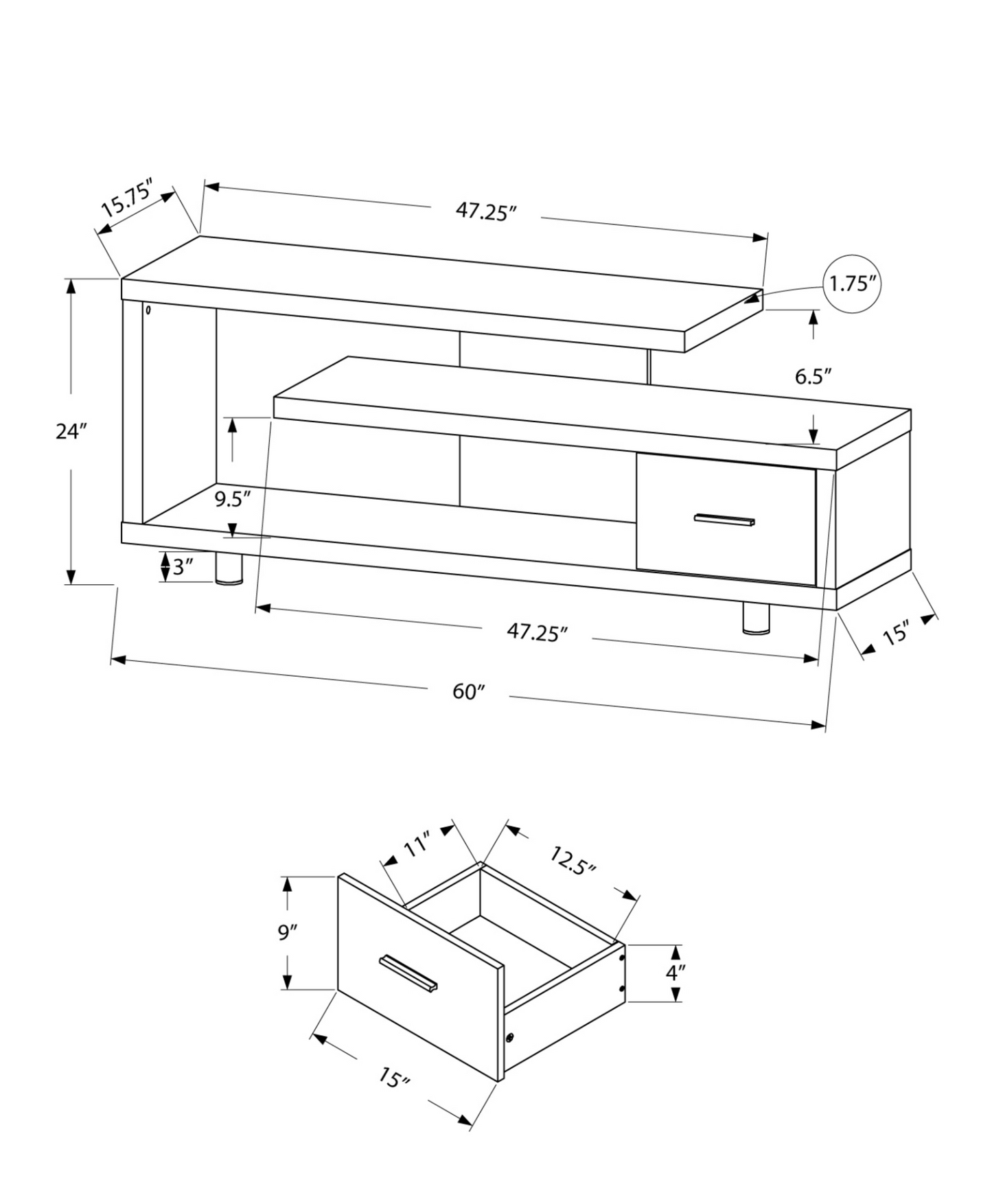 15.75" X 60" X 24" White Silver Particle Board Hollow Core Metal Tv Stand With A Drawer