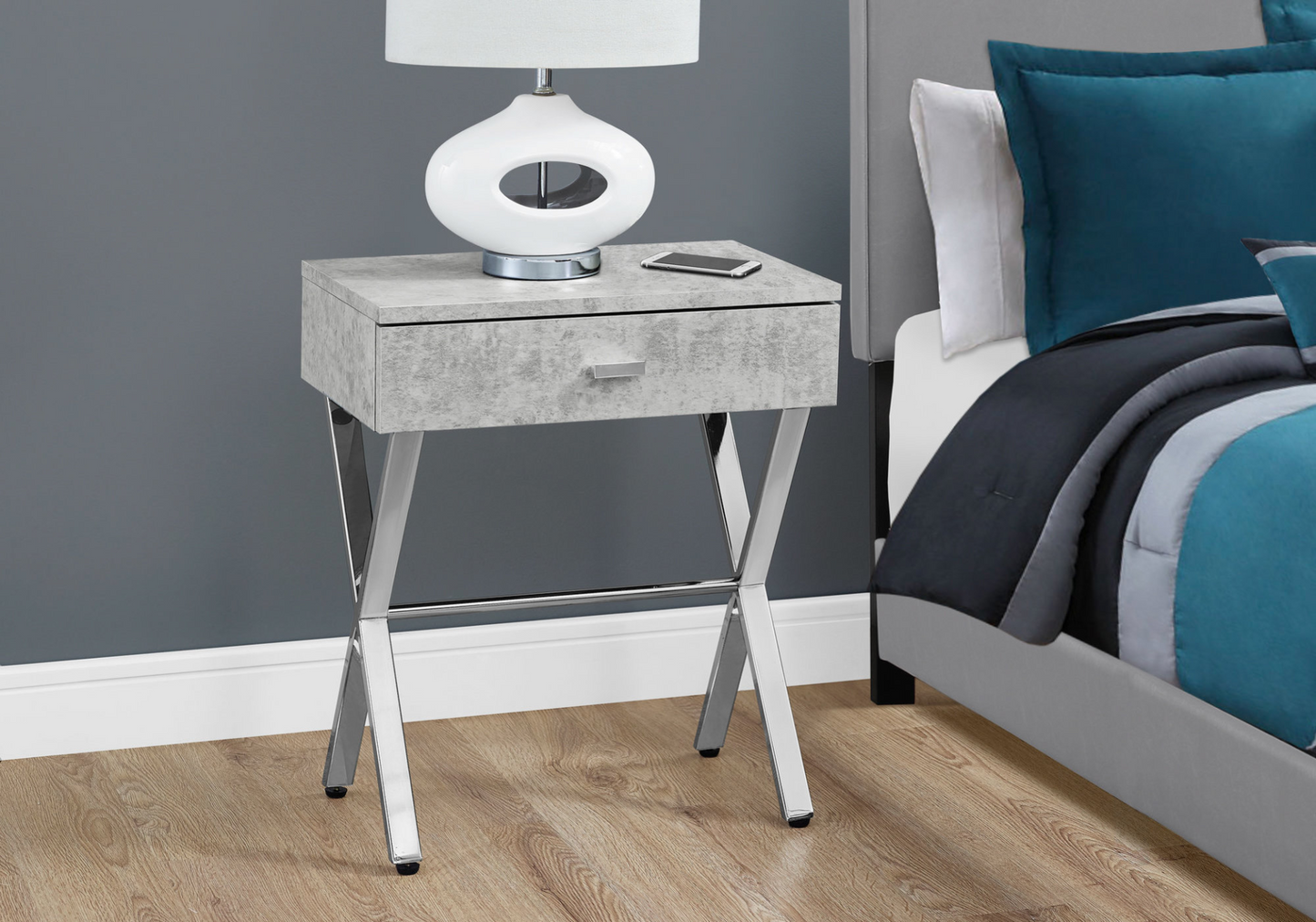 12" X 18.25" X 22.25" Grey Finish And Chrome Metal Accent Table