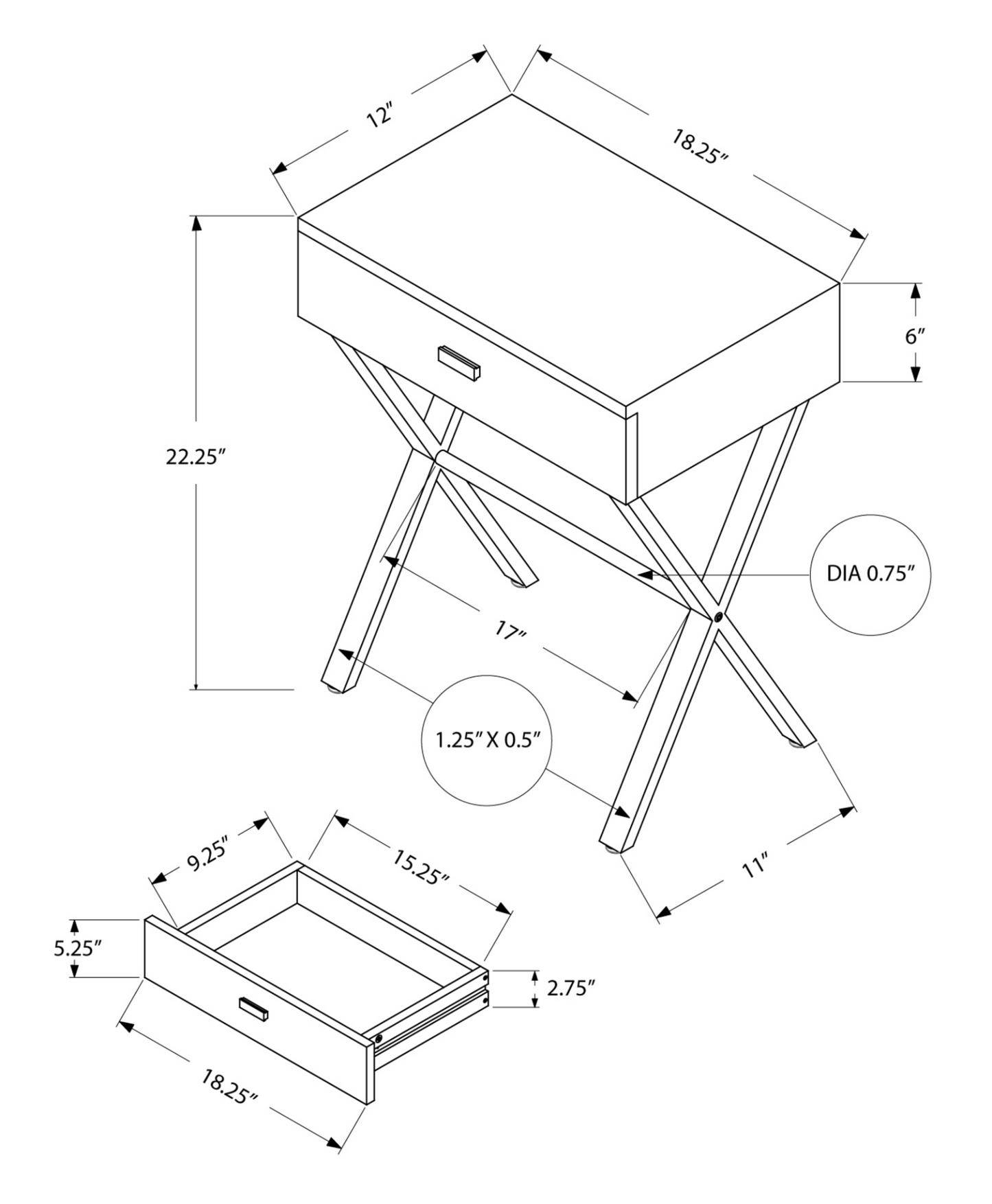 12" X 18.25" X 22.25" Grey Finish And Chrome Metal Accent Table