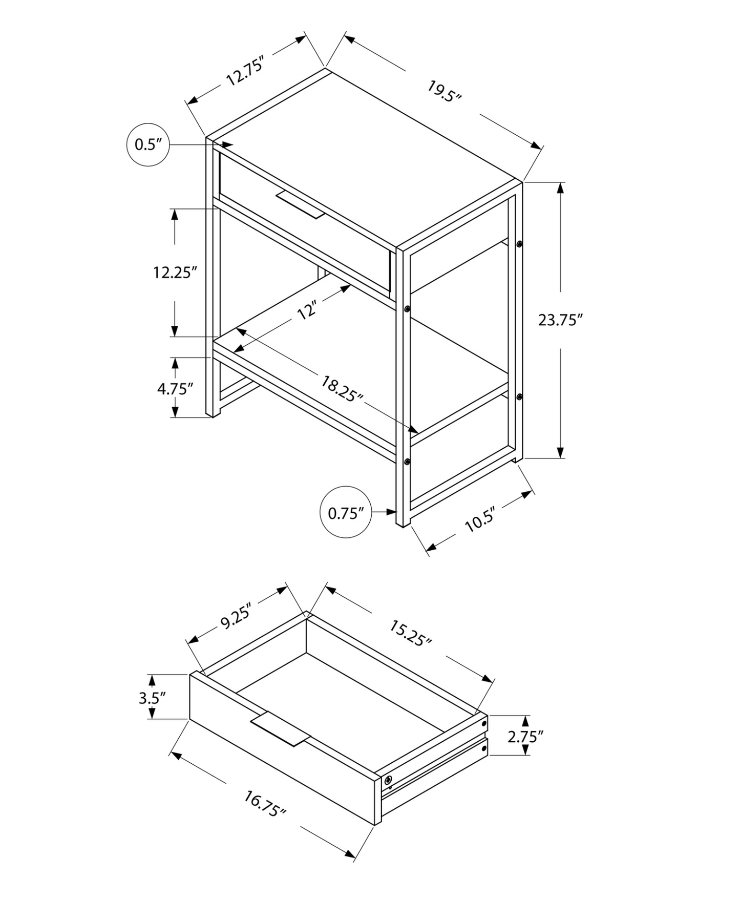 12.75" X 19.5" X 23.75" Grey Finish And Metal Accent Table