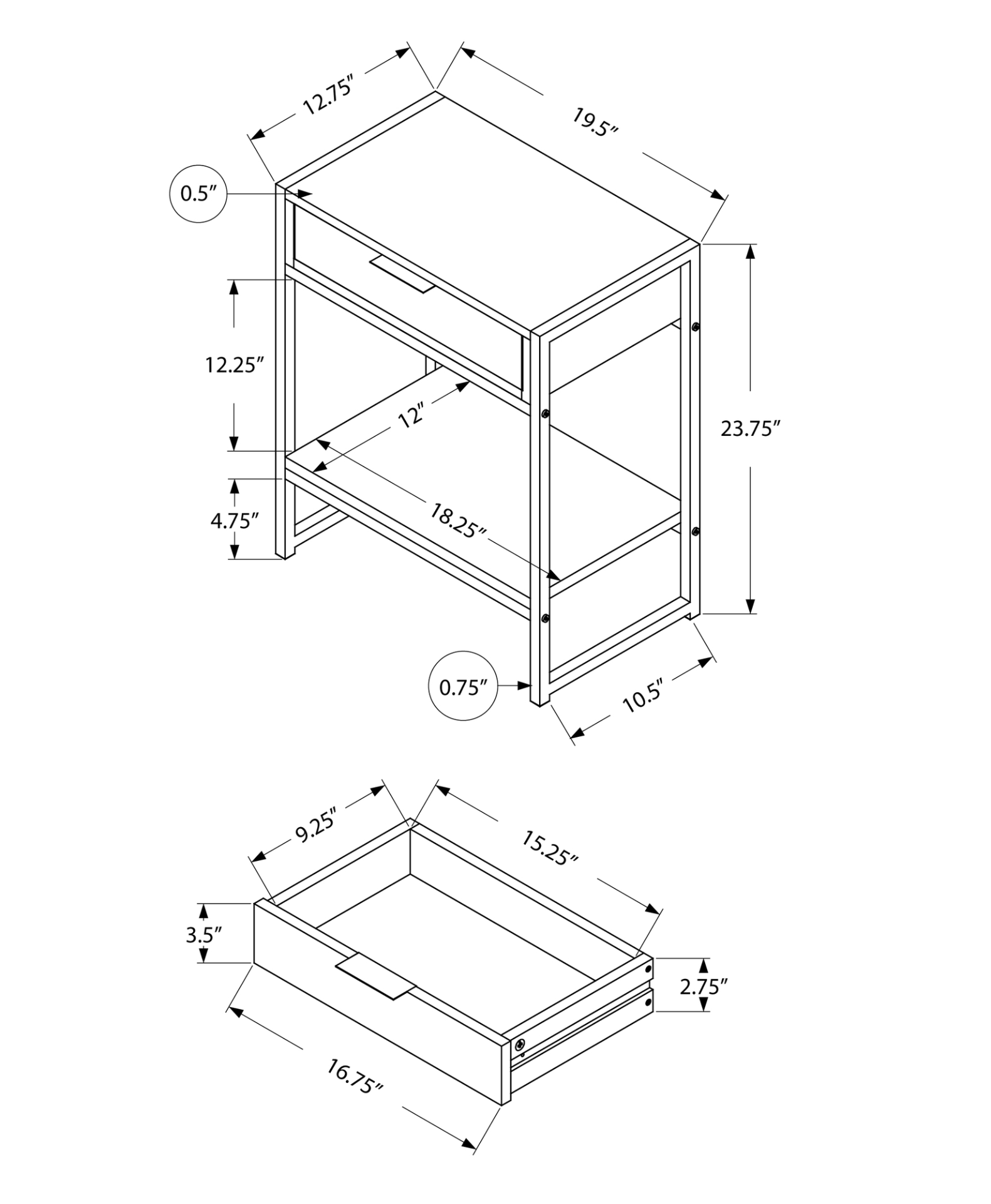 12.75" X 19.5" X 23.75" Grey Finish And Metal Accent Table