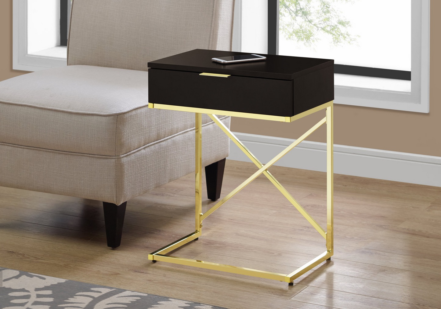 18.2" X 12.8" X 23.5" Cappuccino Finish Gold Metal Accent Table