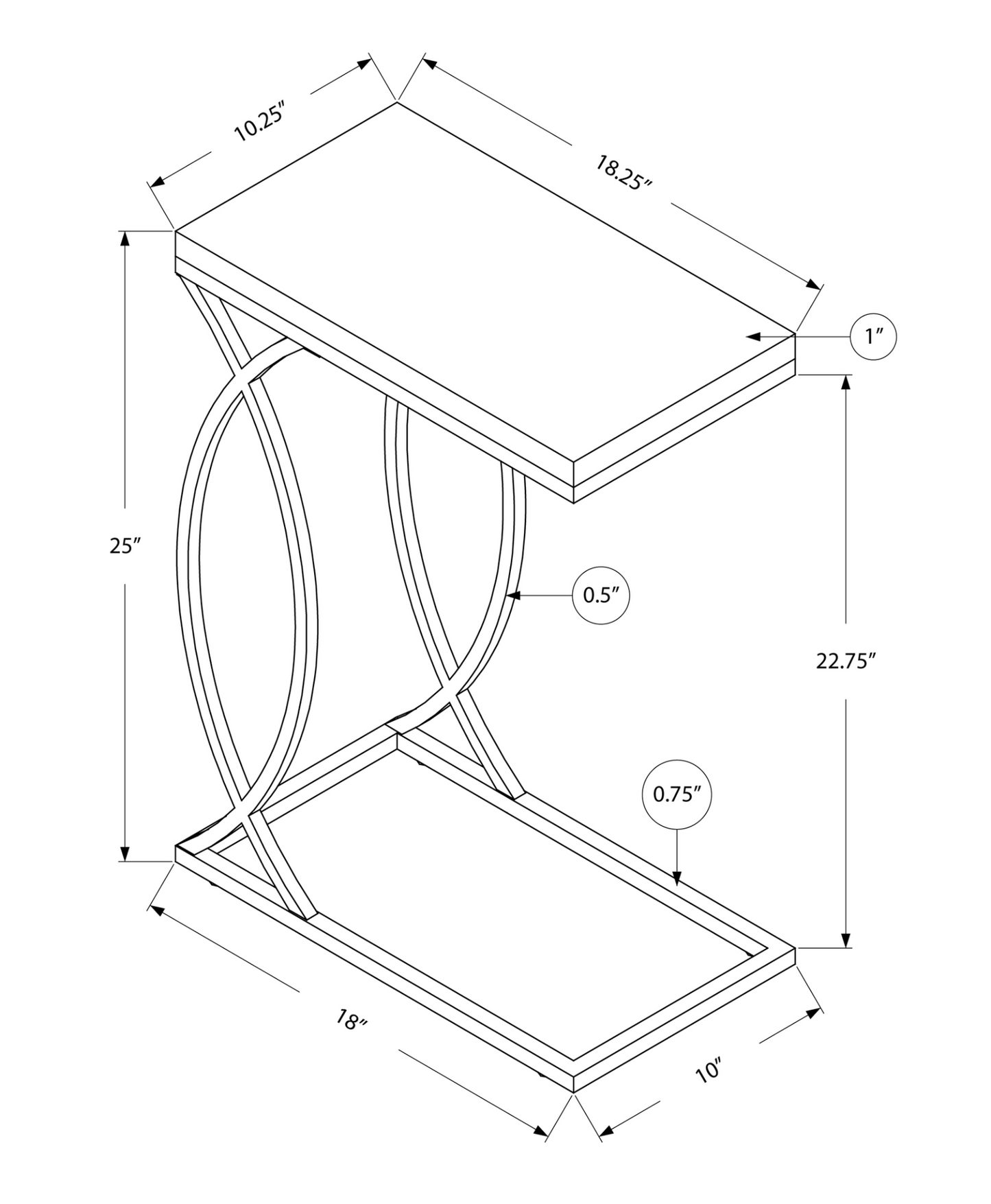 18.25" X 10.25" X 25" Grey Mdf Laminate Metal Accent Table