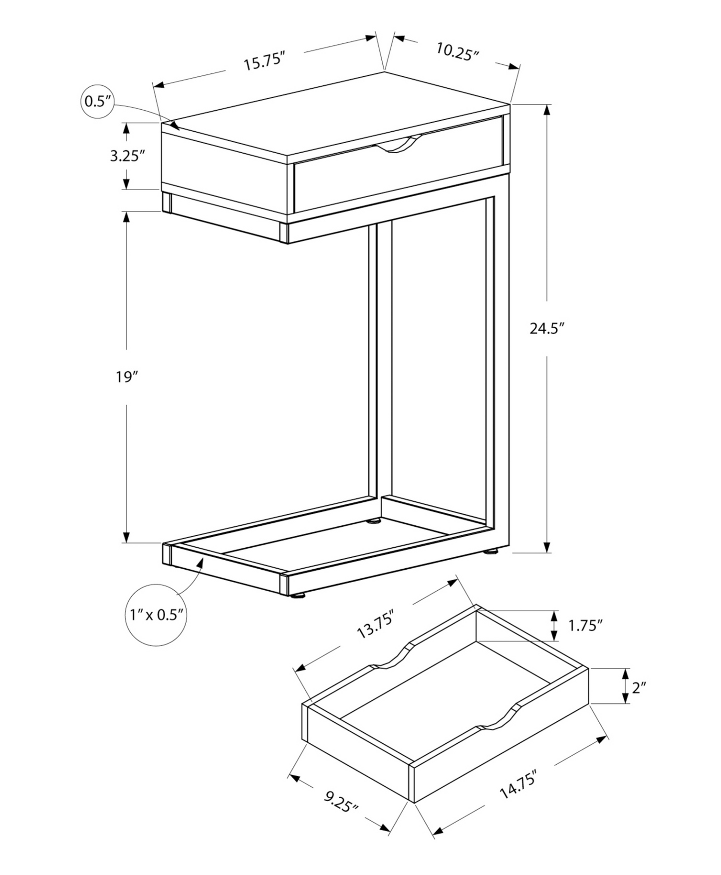 10.25" X 15.75" X 24.5" Grey Finish Drawer And Black Metal Accent Table