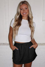 Black French Terry Drawstring Elastic Waistband Mini Skort with Pockets