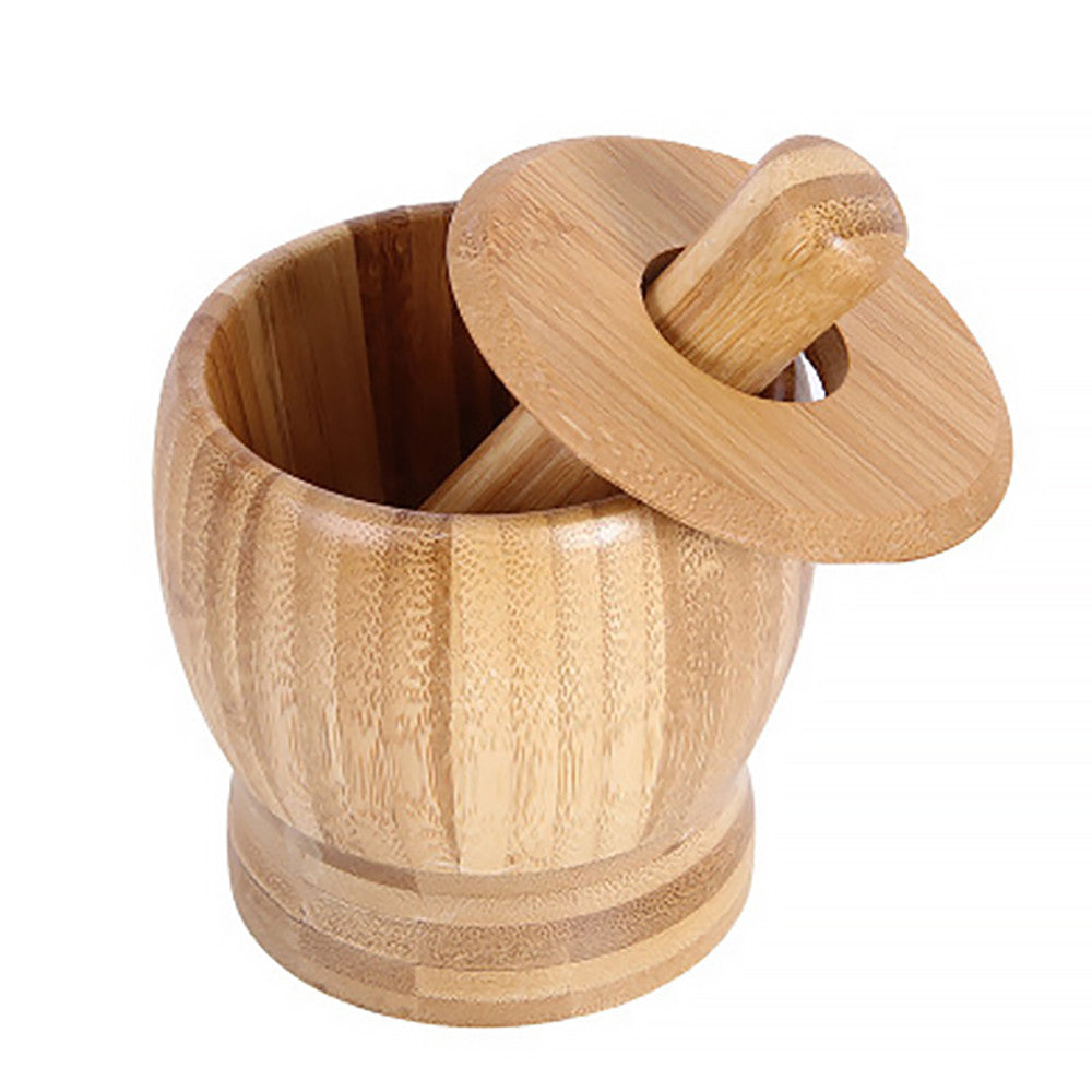Color: Medium with lid - Bamboo Bowl Garlic Press Grinder Crusher for Guacamole Kitchen Pepper Garlic Pressing Bowl Convenient