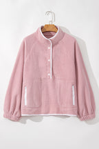 Fushia Stand Neck Half Button Zip Pocket Plush Sweatshirt