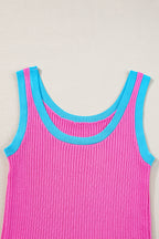 Bright Pink Colorblock Edge Ribbed Knit U Neck Tank Top